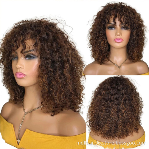 Jerry Curly Human Hair Wigs with Bangs Full Machine Made Wigs Highlight Honey Blonde Colored Wigs For Women Peruvian Remy Hair